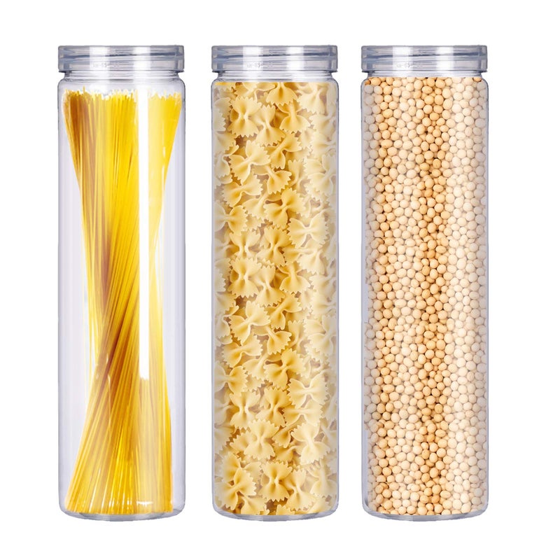 FEOOWV Set of 3Pcs Clear Plastic Food Storage Jar with Lid, Round Transparent Skinny Storage Container for Spaghetti, Pasta and Dry goods(2.1" Diameter x 11.8" Height) - Image 3
